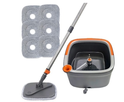 KZKR Spin Mop and Bucket Set with 6 microfibra Replaceable Mop Pads with Self Separation Dirty and Clean Water System, Self Wringing 360° Rotating Square Mop-Head for Hardwood Tile Marble Floors - Lot 87