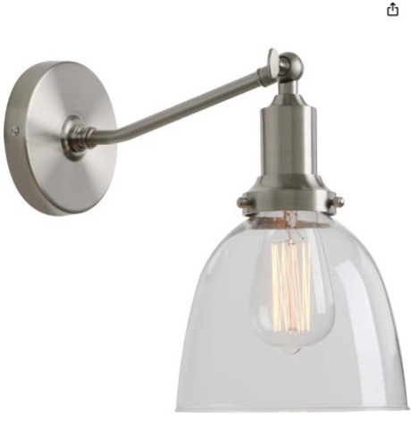 Permo Industrial Vintage Slope Pole Wall Mount Single Sconce with 6.7" Oval Dome Clear Glass Shade Wall Sconce Light Lamp fixture (Brushed) - Lot 115c