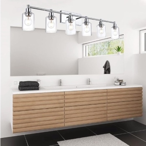Bathroom Vanity Light Fixtures, 6-Light Vanity Lights for Bathroom Bedroom Chrome Finish Wall Mount Lights with Cylindrical Clear Glass Shade - Lot 124c