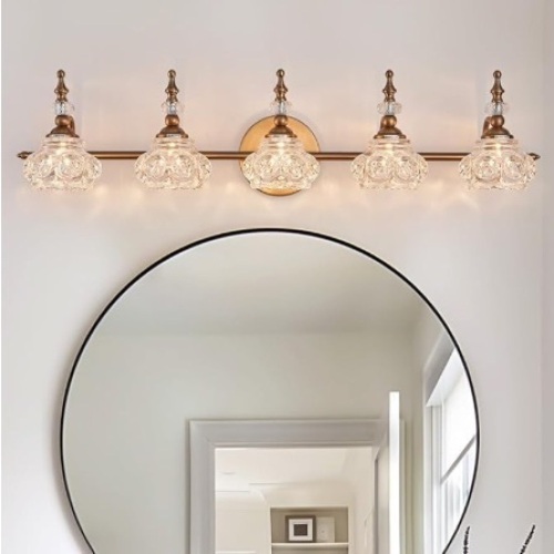 Brass 5-light Bathroom Vanity Light, Vintage Bathroom Vanity Lighting Fixtures with Thick Crystal Glass Shade, Vintage Vanity Light for Bathroom, Living Room - Lot 122c
