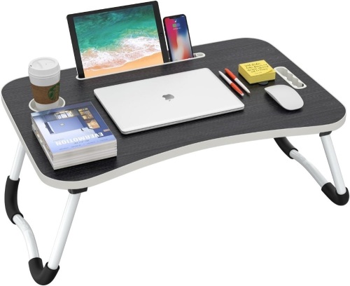Folding Lap Desk, 23.6 Inch Portable Wood Deep Black Laptop Bed Desk Lap Desk with Cup Holder, for Working Reading Writing, Eating, Watching Movies for Bed Sofa Couch Floor  - Lot 179