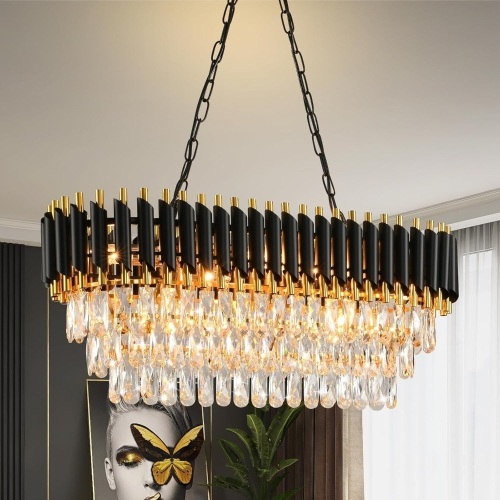 Modern Crystal Chandeliers for Dining Room Black and Gold Chandelier Living Room 8-Light Pendant Light Fixture Oval Contemporary Ceiling Hanging Light for Kitchen Island Bar L32 inch  - Lot 183