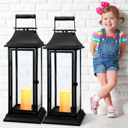  Mifoci Jumbo Black Metal Decorative Lanterns with Clear Glass Panel, 24", Set of 2  - Lot 326