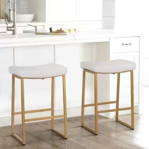 White PU Leather Bar Stools with Backless Saddle Design and Golden Metal Frame, Set of 2  - Lot 586