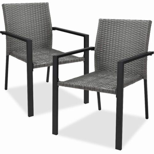 Set of 2 Stackable Wicker Chairs w/ Armrests, Steel Accent Furniture - Lot 121