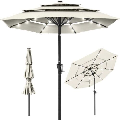 3-Tier Solar Patio Umbrella w/ LED Lights, Tilt Adjustment, Crank - 10ft - Lot 230