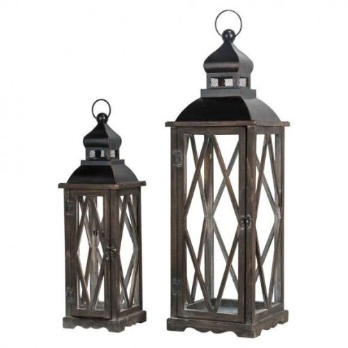 Glitzhome Black Farmhouse Wooden Lanterns With Diamond Window Frame, Set of 2 - Lot 739