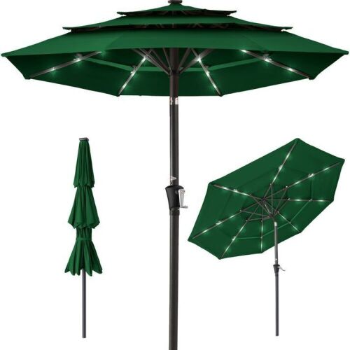3-Tier Solar Patio Umbrella w/ LED Lights, Tilt Adjustment, Crank - 10ft - Lot 531