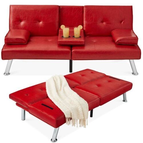 Faux Leather Upholstered Convertible Sofa Bed Futon w/ 2 Cupholders - Lot 93