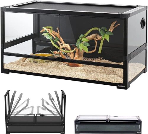 REPTI ZOO 50 Gallon Tempered Glass Reptile Large Terrarium Tank with Black PVC Back Panel Reptile Terrarium 36"x18"x18" Easy Folding - Lot 86