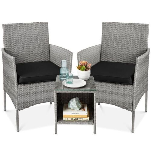 3-Piece Outdoor Patio Wicker Bistro Set w/ Side Storage Table  - Lot 69