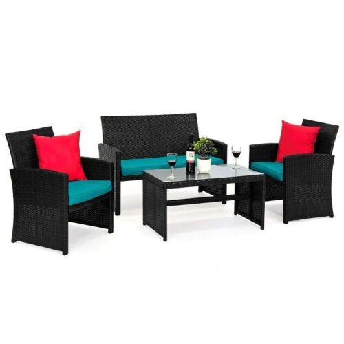 4-Piece Outdoor Wicker Conversation Patio Set w/ 4 Seats, Glass Table Top  - Lot 22