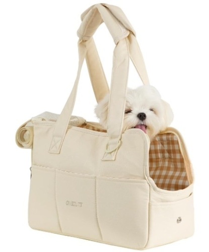 Beige & Gingham Canvas Pet Carrier for Small Animals W/Cushion & Shoulder Strap - Lot 78