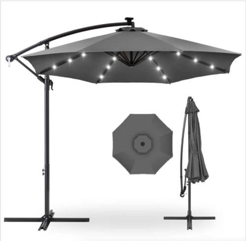 Solar LED Offset Hanging Patio Umbrella w/ Crank Tilt Adjustment - 10ft - Lot 130