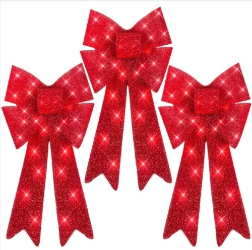 Set of 3 Pre-Lit Christmas Bow Decoration, LED Holiday Decor w/ 8 Functions - Lot 134