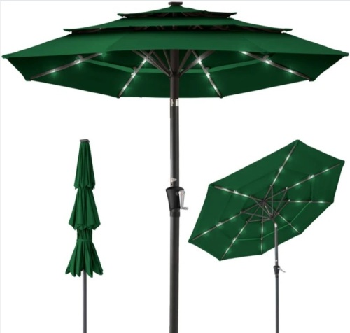 3-Tier Solar Patio Umbrella w/ LED Lights, Tilt Adjustment, Crank - 10ft - Lot 138
