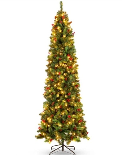 Pre-Lit Spruce Pencil Christmas Tree w/ Berries, Pine Cones 12ft - Lot 164