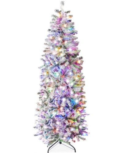 Pre-Lit Snow Flocked Artificial Pencil Christmas Tree w/ Multicolor Lights 7.5ft - Lot 169