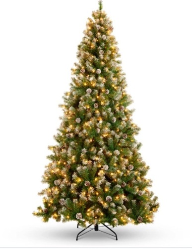 Pre-Lit Pre-Decorated Christmas Tree w/ Flocked Tips, Pine Cones 9ft - Lot 175