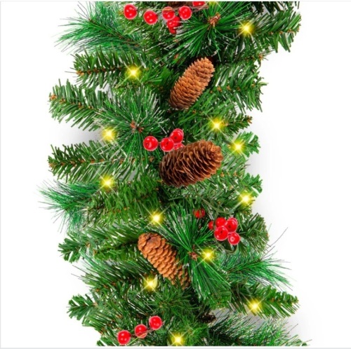 Pre-Lit Pre-Decorated Garland w/ PVC Branch Tips, 50 Lights - 9ft - Lot 203