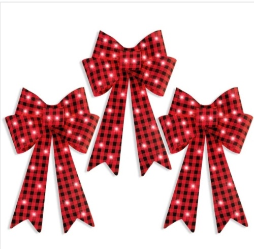 Set of 3 Pre-Lit Christmas Bow Decoration, LED Holiday Decor w/ 8 Functions - Lot 207