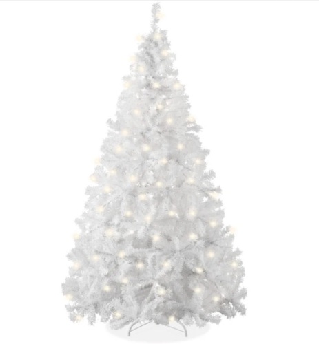 Pre-Lit Hinged Artificial White Pine Christmas Tree w/ Lights, Metal Stand - Lot 224