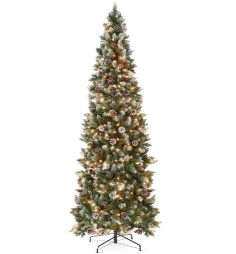 Pre-Lit Partially Flocked Pencil Christmas Tree w/ Pine Cones, Metal Stand 7.5ft - Lot 227