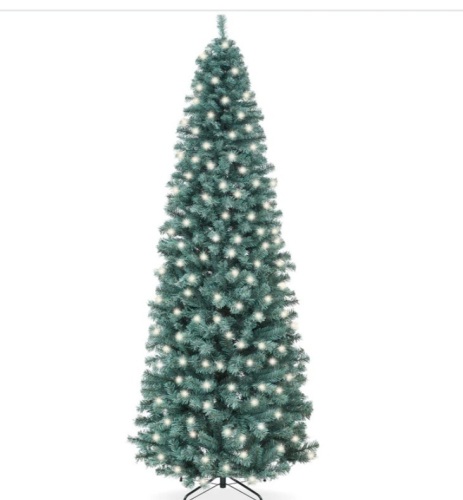 Pre-Lit Blue Spruce Pencil Christmas Tree w/ Metal Base, Incandescent Lights 7.5ft - Lot 231