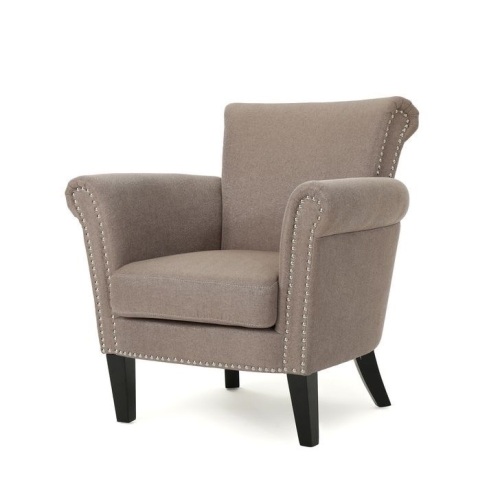 Upholstered Club Chair with Curved Design, Nailhead Trim and Rolled Armrests In Light Coffee $355.20 - Lot 40s