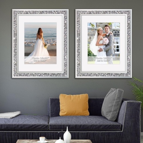 Big Mirror Photo Frame 16x20inch Mat To 11x14inch Crushed Diamond Bling Sparkle Home Decor, 2 Pack Crystal Silver Glass Wedding Picture Poster Wall Frame.  - Lot 676