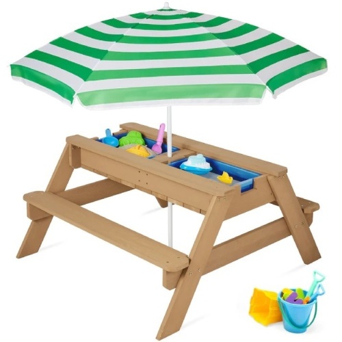 3-in-1 Kids Sand & Water Table Outdoor Wood Picnic Table w/ Umbrella - Lot 879
