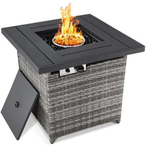 28in Fire Pit Table 50,000 BTU Wicker Propane w/ Faux Wood Tabletop, Cover - Lot 892