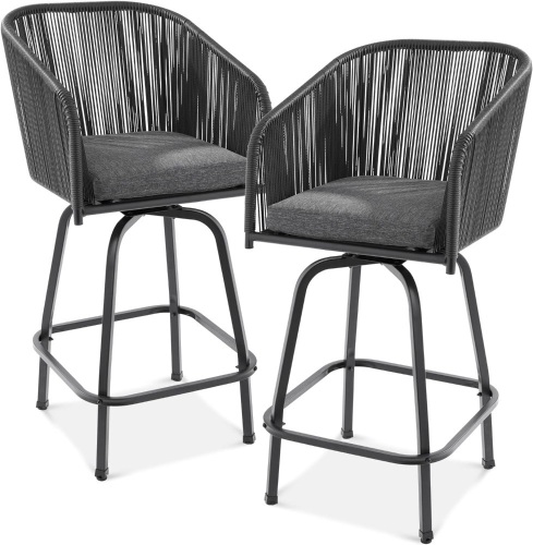 Best Choice Products Set of 2 Woven Wicker Swivel Bar Stools, Patio Bar Height Chair for Backyard, Pool, Garden, Deck w/ 360 Rotation, 250lb Capacity - Black/Gray  - Lot 1072