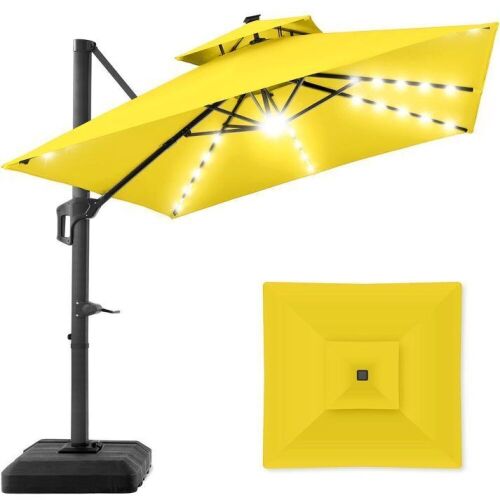 2-Tier Square LED Cantilever Offset Umbrella w/ 360 Rotation, Base - 10x10ft - Lot 28