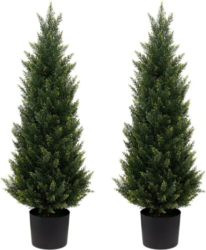 Artificial Tree, 3FT Cedar Potted Plant, 2 Pack, UV Resistant, Indoor Outdoor Garden Decor - Lot 1035