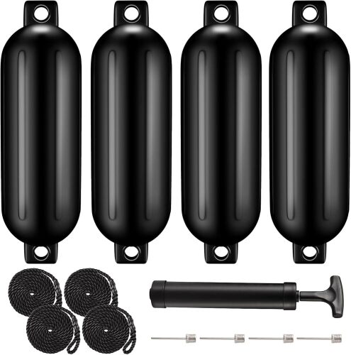 Boat Fenders for Bumpers 4 Pack,Inflatable Ribbed Marine Boat Fender Come with Ropes Needles and Pump to Inflate,Boat Bumpers for Docking - Lot 1039