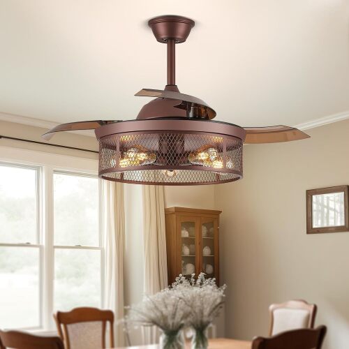 Caged Farmhouse Ceiling Fan with Light, Retractable Ceiling Fans - Lot 1042