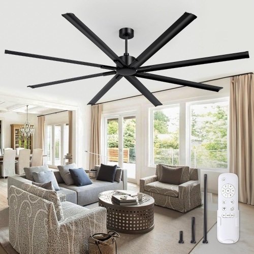 84 Inch Industrial DC Motor Ceiling Fan, Large Ceiling Fan with 8 Reversible Blades, 3 Downrods, 6-Speed Remote Control, Home or Commercial Ceiling Fans for Porch/Garage/Shop, Black - Lot 1103