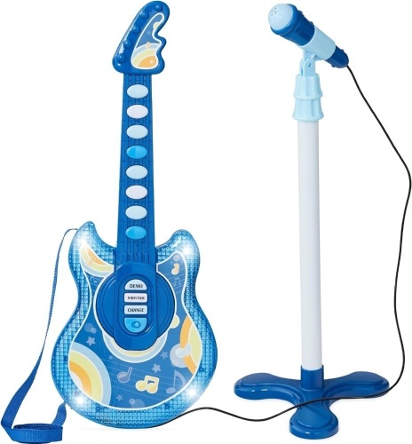 Best Choice Products 19in Kids Flash Guitar, Pretend Play Musical Instrument Toy for Toddlers w/Mic, Stand, 8 Demo Songs, Lights & Sounds - Navy - Lot 1144