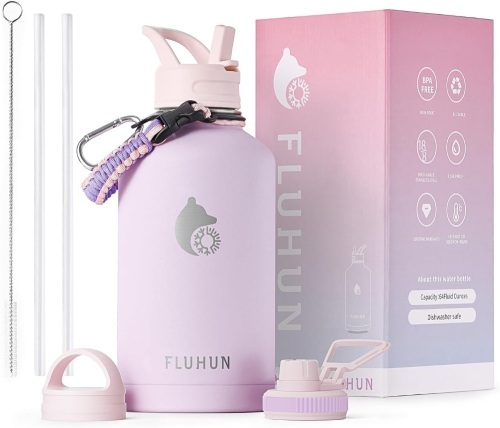 64 oz Insulated Water Bottle with Straw and Handle, Double Walled Vaccum Stainless Steel Half Gallon Water Bottle for Women, 3 Lids, Metal Canteen, Gym & Outdoors Water Jug - Lot 1307