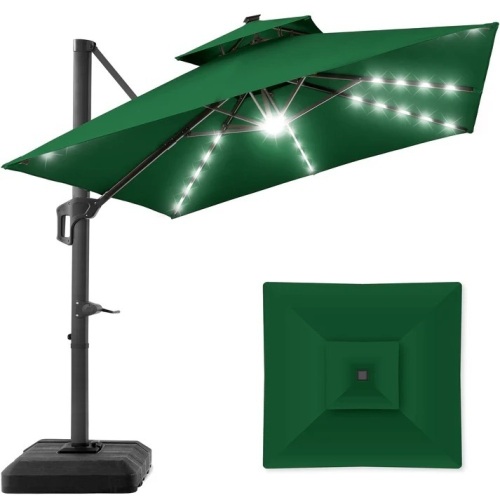 2-Tier Square LED Cantilever Offset Umbrella w/ 360 Rotation, Base - 10x10ft - Lot 10196