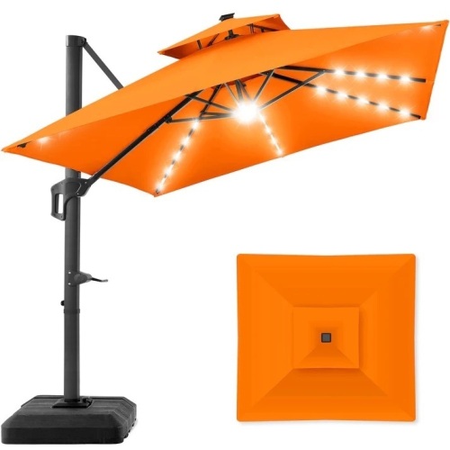 2-Tier Square LED Cantilever Offset Umbrella w/ 360 Rotation, Base - 10x10ft - Lot 10197