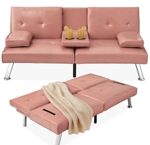 Faux Leather Upholstered Convertible Sofa Bed Futon w/ 2 Cupholders - Lot 76
