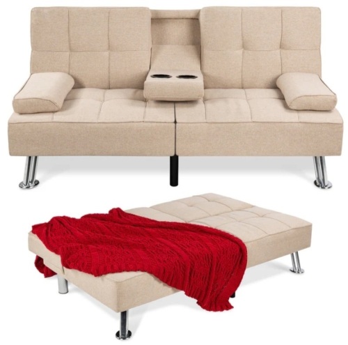 Linen Upholstered Convertible Sofa Bed Futon w/ 2 Cupholders - Lot 78