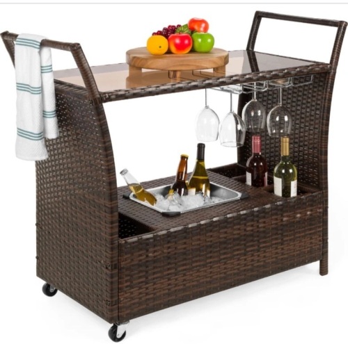 Wicker Serving Bar Cart w/ Wheels, Glass Counter, Ice Bucket - Lot 79