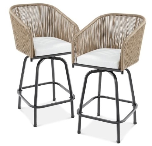 Set of 2 Woven Wicker Swivel Bar Stools, Patio Bar Height Chair for Backyard, Pool, Garden, Deck w/ 360 Rotation, 250lb Capacity - Natural/Ivory - Lot 80