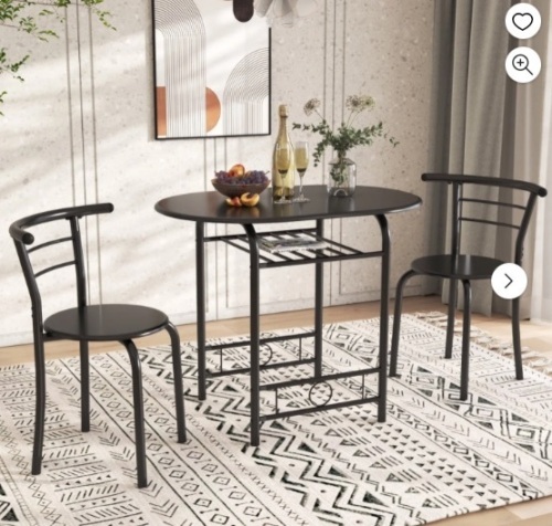 Furmax 3 Piece Wood and Metal Dining set, Small dining table for 2 ,for Living Room, Dining Room, Kitchen, Black - Lot 97
