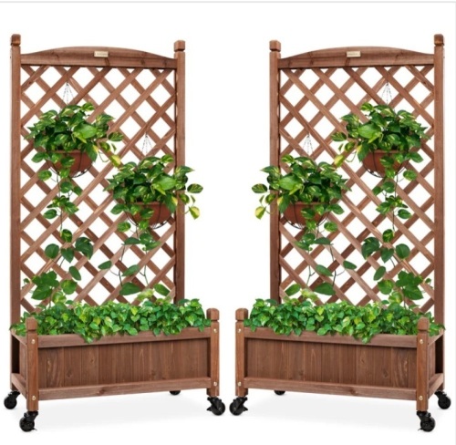 Set of 2 Wood Planter Box & Lattice Trellis w/ Optional Wheels - 48in - Lot 103