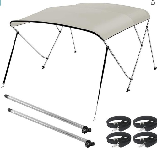 3 Bow Bimini Top Boat Cover Sun Shade Boat Canopy Waterproof 1 Inch Aluminum Frame with Rear Support Pole and Storage Boot (Beige 3 Bow 6'Lx 54"- 60" W x 46" H) - Lot 106