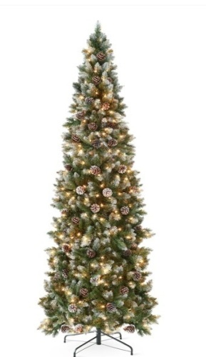  7.5ft Pre-Lit Partially Flocked Pencil Christmas Tree w/ 350 Lights, Pine Cones, Foldable Stand - Lot 107